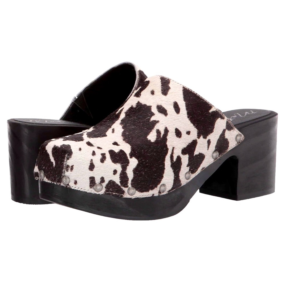 Matisse Black and White Cowhide Studded Platform Clogs